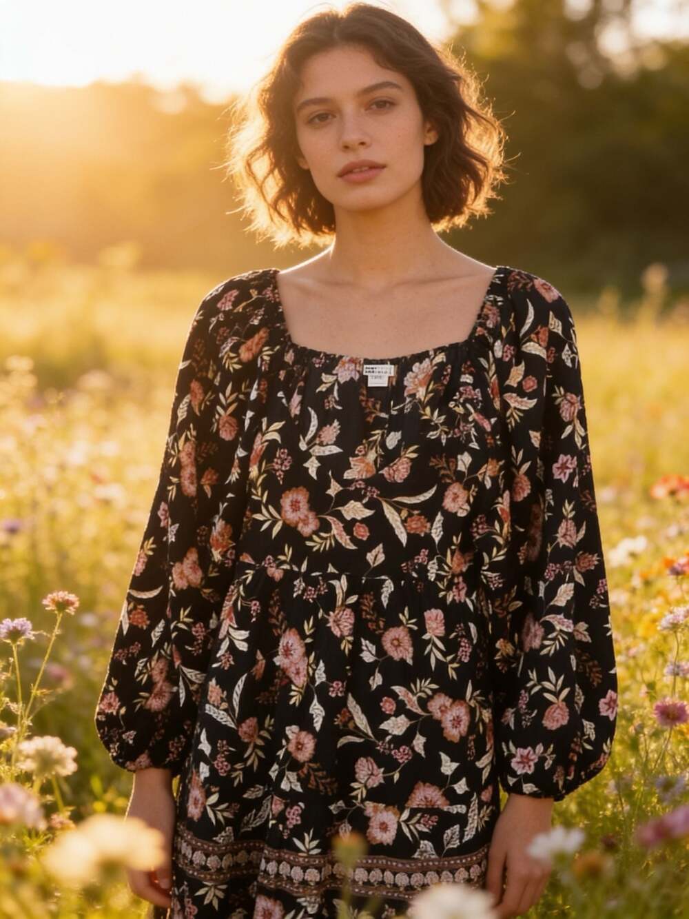 Billabong Swept Away Black Floral Midi Dress with Balloon Sleeves M